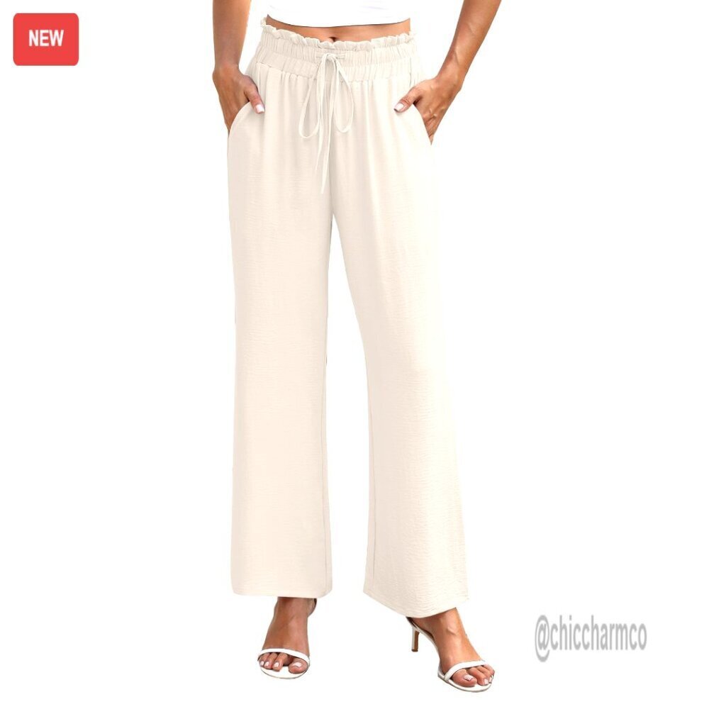 High Waist Wide Leg Pants Elastic Drawstring Loose Flowy Trousers with Pockets